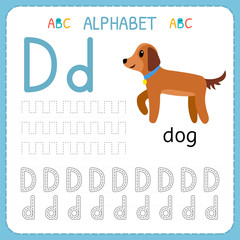 Alphabet tracing worksheet for preschool and kindergarten. Writing practice letter D. Exercises for kids