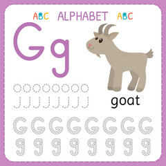 Alphabet tracing worksheet for preschool and kindergarten. Writing practice letter G. Exercises for kids