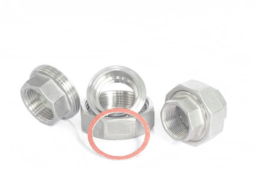 Stainless steel pipe fittings for plumbing for industrial on white background.