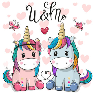 Two Cute Unicorns on a hearts background