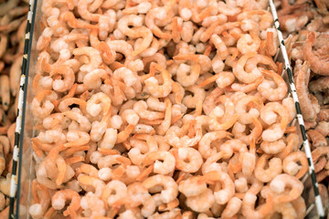 Shrimp in bulk at the store market supermarket in the seafood department