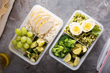 Healthy meal prep containers with chicken and rice