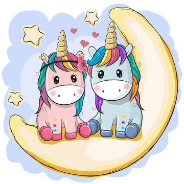 Fototapeta Two Cute Unicorns are sitting on the moon