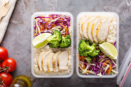 Healthy meal prep containers with chicken and rice