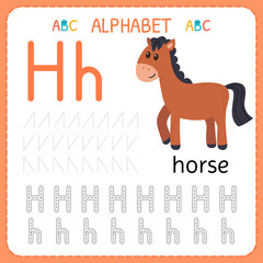 Alphabet tracing worksheet for preschool and kindergarten. Writing practice letter H. Exercises for kids