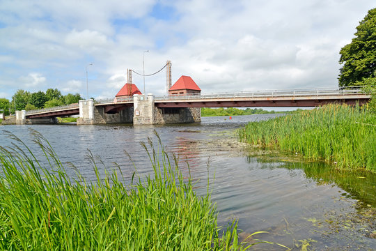 The eagle movable bridge through the Deyma River. Polessk, Kaliningrad region
