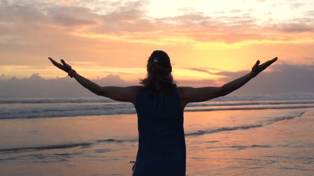 Woman enjoying beautiful sunset on beach
