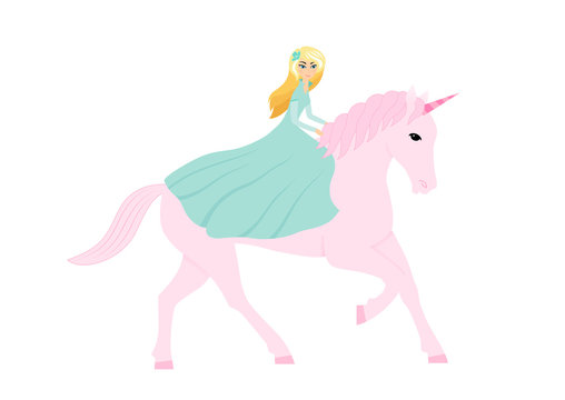 Vector illustration with cute cartoon girl on pink unicorn
