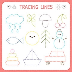 Kindergartens educational game for kids. Preschool tracing worksheet for practicing motor skills. Dashed lines. Working pages for children