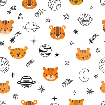 Cute space seamless pattern with cartoon tigers. Abstract print. Hand drawn nursery background with funny animals for little kids