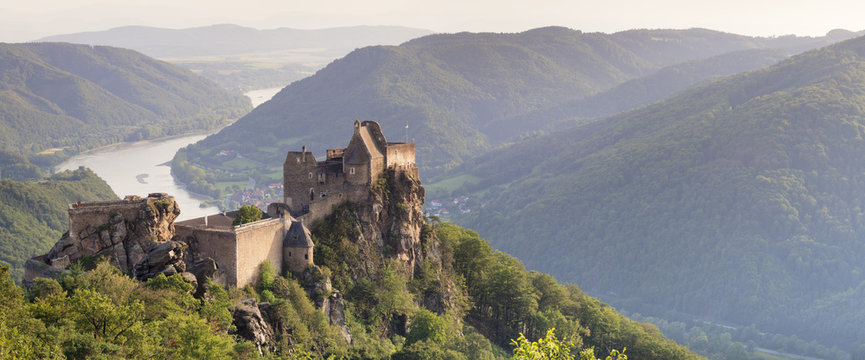 Aggstein Castle Ruin on Danube River at sunset, Cultural Landscape Wachau, Austria