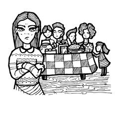 tired and unpleasant housewife with guests and family. family dinner