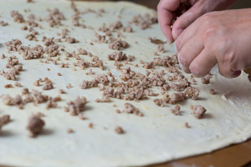Woman making dough with meat at home