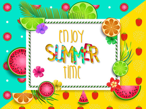 Summer design vector banner with fruits background and exotic palm leaves, hibiscus flowers and Enjoy Summer Time typography.