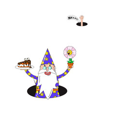 Cartoon wizard with cake and flower