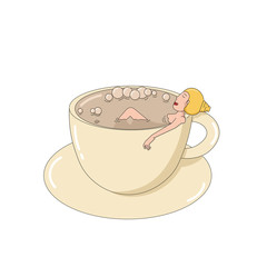A girl takes a bath from the coffee in a cup