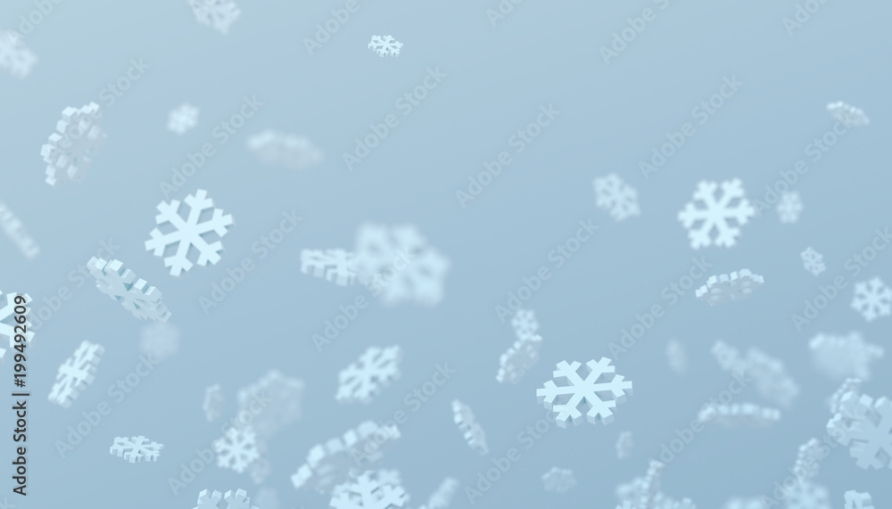 Poster abstract 3d rendering of flying snowflakes shapes. winter background with bokeh effect. design for p