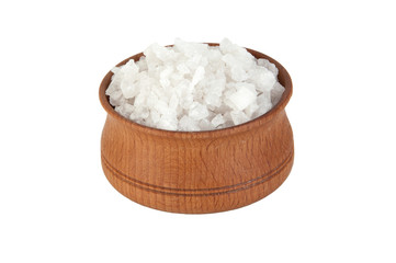 Fototapeta na wymiar Sea salt in a wooden salt shaker on white