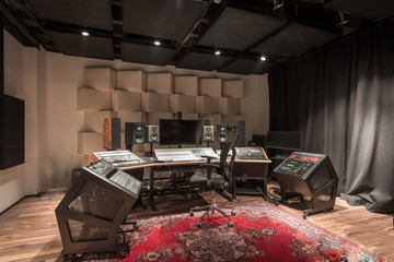 Interior of recording studio control desk