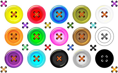Fototapeta premium Sewing vector collection of buttons for clothes, art and crafts in various bright colors. Fashion and needlework set