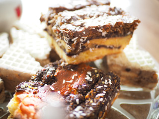 delicious pancakes with apples, pancakes with apples, sprinkled with white sugar.