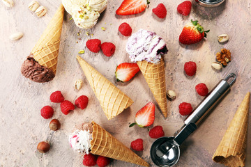 Set of ice cream scoops of different colors and flavours