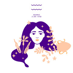 Water carrier to Aquarius of zodiac, horoscope concept, vector art, illustration. Beautiful girl silhouette. Astrological sign as a beautiful women. Future telling, horoscope, alchemy, spirituality