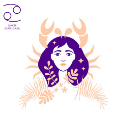 Crab to Cancer of zodiac and horoscope concept, vector art, illustration. Beautiful girl silhouette. Astrological sign as a beautiful women. Future telling, horoscope, alchemy, spirituality, occultism