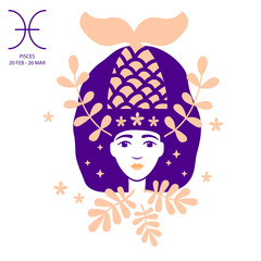 Fish to Pisces of zodiac and horoscope concept, vector art, illustration. Beautiful girl silhouette. Astrological sign as a beautiful women. Future telling, horoscope, alchemy, spirituality, occultism