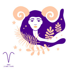 Aries and Ram of zodiac and horoscope concept, vector art, illustration. Beautiful girl silhouette. Astrological sign as a beautiful women. Future telling, horoscope, alchemy, spirituality, occultism