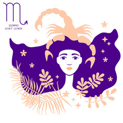 Scorpion to Scorpio of zodiac and horoscope concept, vector art and illustration. Beautiful girl silhouette. Astrological sign as a beautiful women. Future telling, horoscope, alchemy