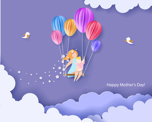 Beautiful woman with her baby. Happy mothers day card. Paper cut style. Vector illustration