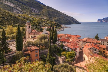 Panoramic view of Lake Garda, Chiesa di S. Andrea and the port of Torbole, Lake Garda, Province of Trento, Italian Lakes
