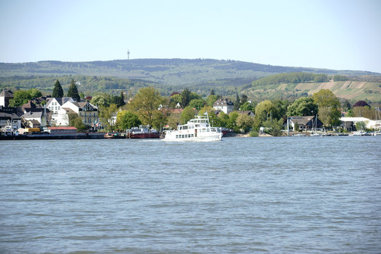 Passagierschiff Schierstein Main / Ein Passagierschiff &uuml;berquert den Fluss Main bei Schierstein.