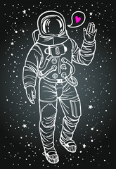 Astronaut, cosmonaut, spaceman in spacesuit with raised hand in salute. Speech bubble with tiny heart. Ink drawn cosmic, space, Valentine day illustration. Stars, starry night sky background. © Elena Panevkina