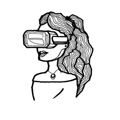 Hand drawn Woman in virtual reality glasses.