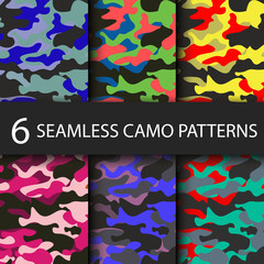 Set of 6 pack Camouflage seamless patterns background with black shadow. Classic clothing style masking camo repeat print. Bright colors of forest texture. Vector illustration web design and clothes.