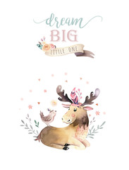 Cute watercolor bohemian baby moose animal poster for nursary, alphabet woodland isolated forest illustration for children. Baby shower animals invitation