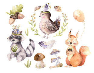 Naklejka premium Cute watercolor bohemian baby cartoon hedgehog, squirrel and moose animal for nursary, woodland isolated forest illustration for children. Bunnies animals.