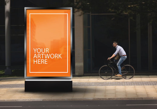 Advertising Kiosk with City Biker Mockup