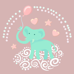 Unique hand drawn nursery birthday poster with elephant in cute doodle style. Vector illustration