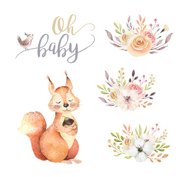 Cute watercolor bohemian baby squirrel animal poster for nursary with bouquets, alphabet woodland isolated forest illustration for children. Baby shower animals invitation