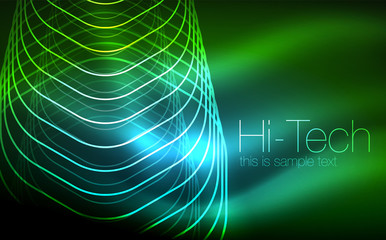 Outline hexagons, glowing geometric shapes, digital techno abstract background