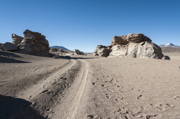 Eroded geological rock formations around Árbol de Piedra, Siloli Desert, Bolivia