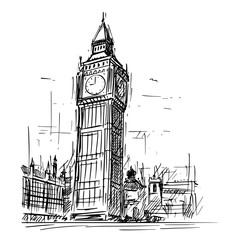 Cartoon sketch drawing illustration of Westminster Palace, Big Ben Elizabeth clock tower in London, England, United Kingdom. - obrazy, fototapety, plakaty