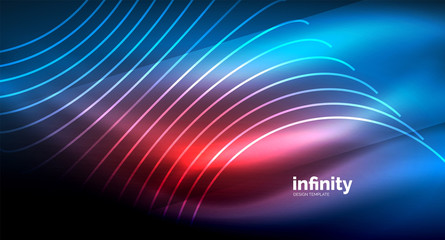 Abstract wave on dark background, shiny glowing neon digital background template