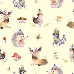 Watercolor seamless pattern of cute baby cartoon hedgehog, squirrel and moose animal for nursary, woodland forest illustration for children. Forest backgraund