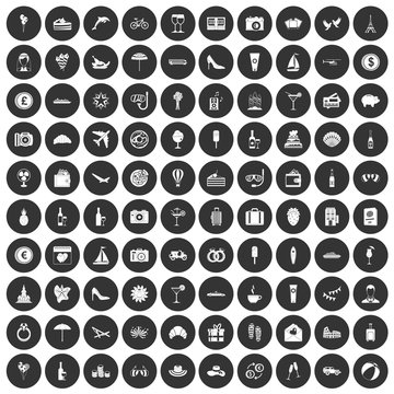 100 honeymoon icons set black circle