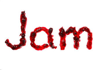 Word JAM written with sweet berry marmalade on white background