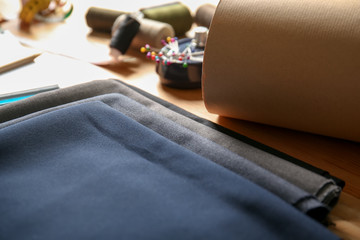 Fabrics and accessories for tailoring on table